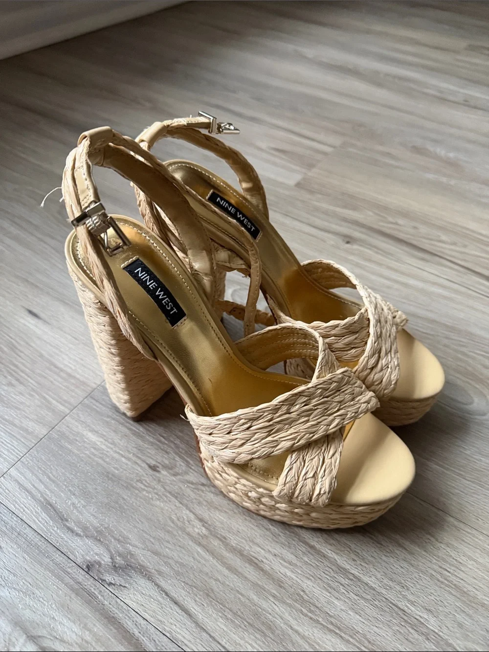 Woven Platform Ankle-Strap Sandal in Natural Beige